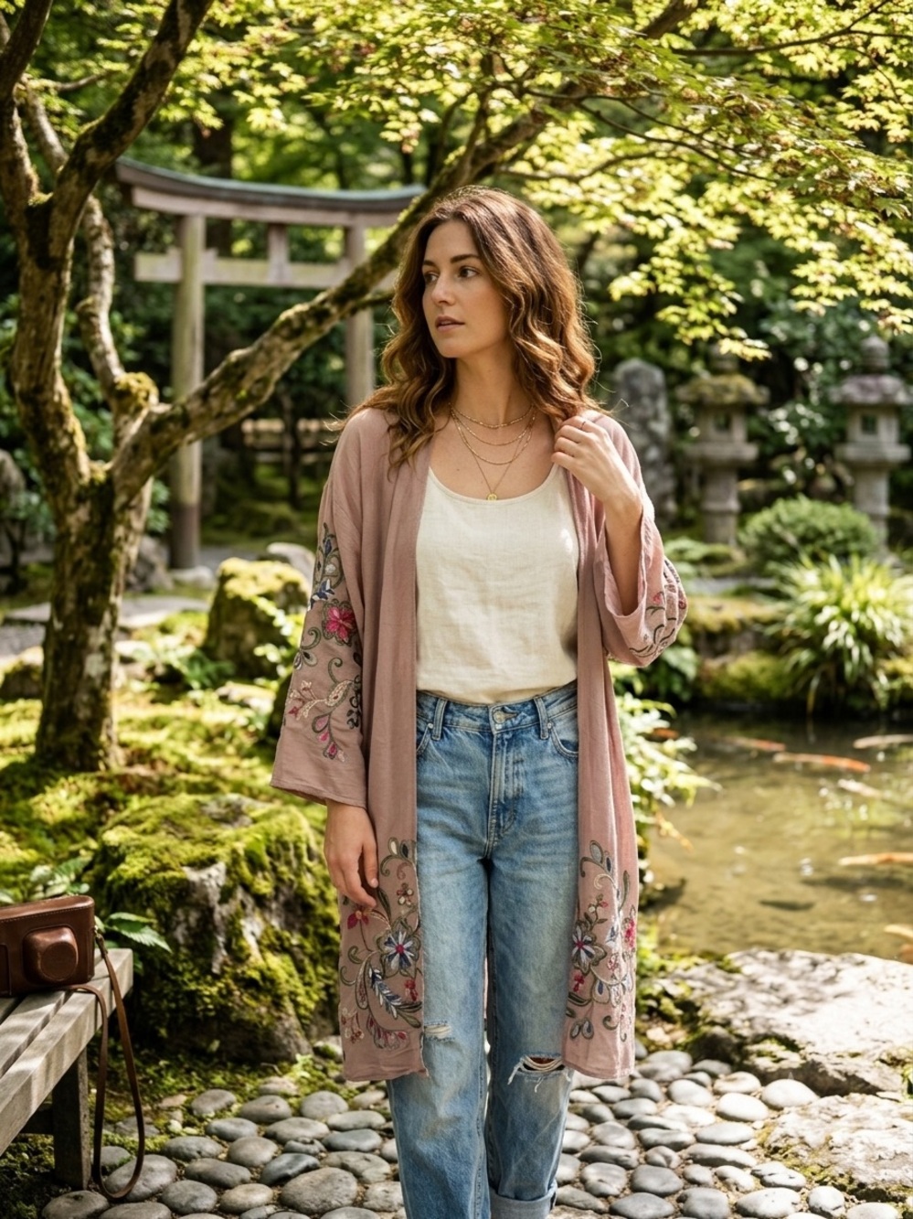 Embroidered Open-Front Pink Knit Kimono Cardigan